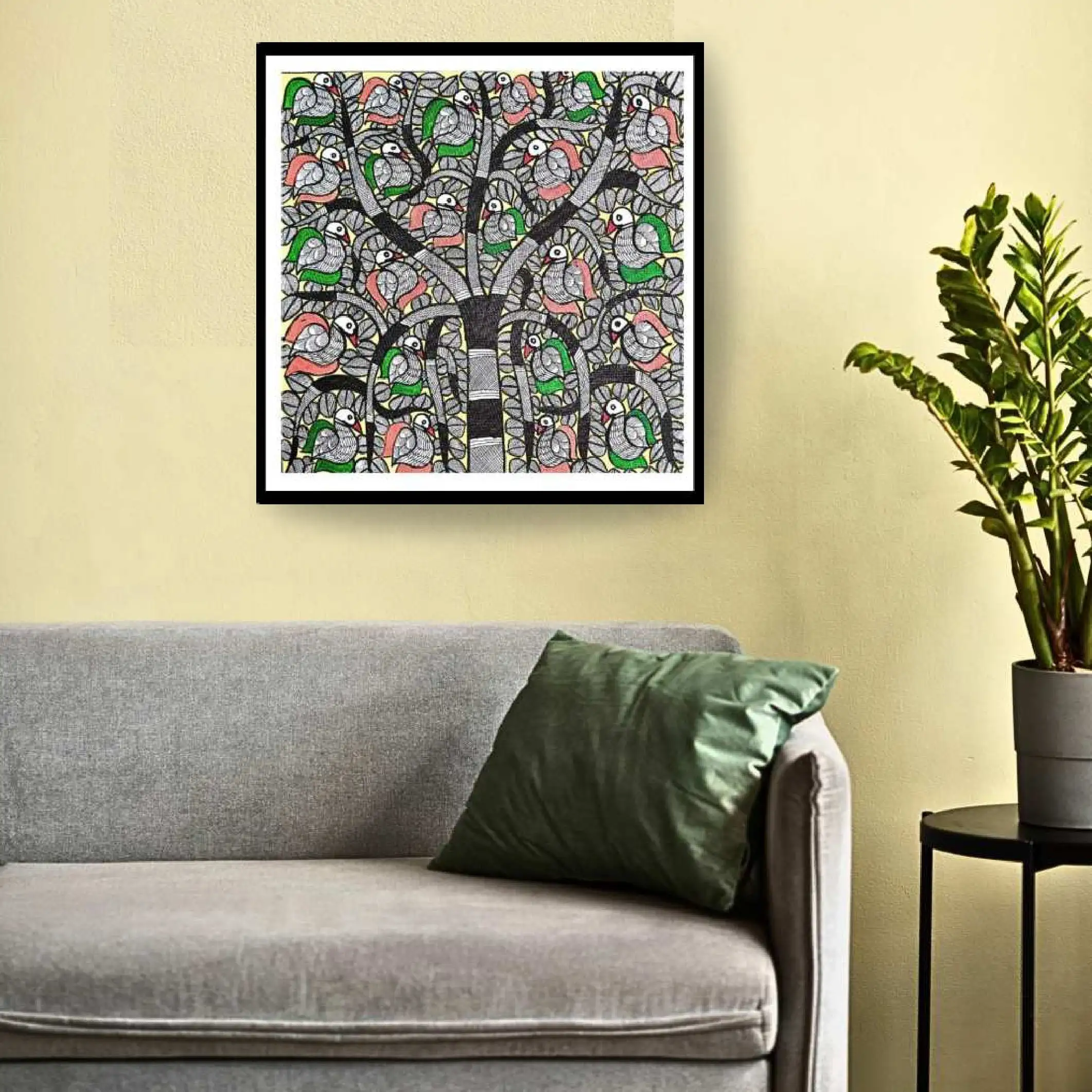 Handmade Madhubani Painting of Tree of Life with Colorful Birds